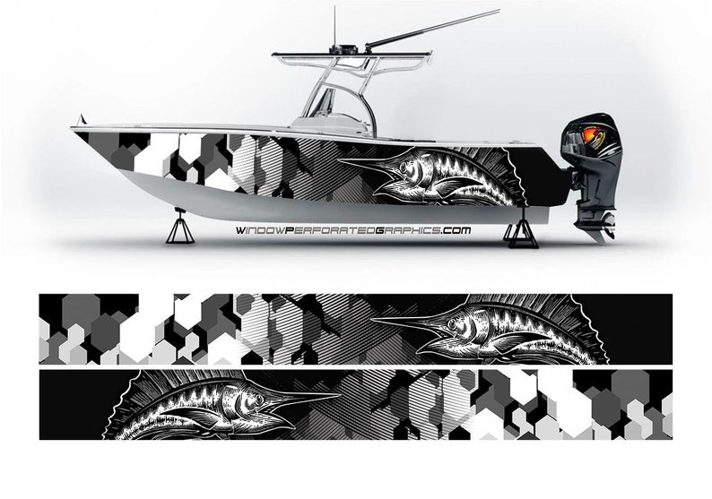 Fishing Boat Trailer - Camo Schwarz-Weiß-Marlin Fisch Grafik Vinyl Boot